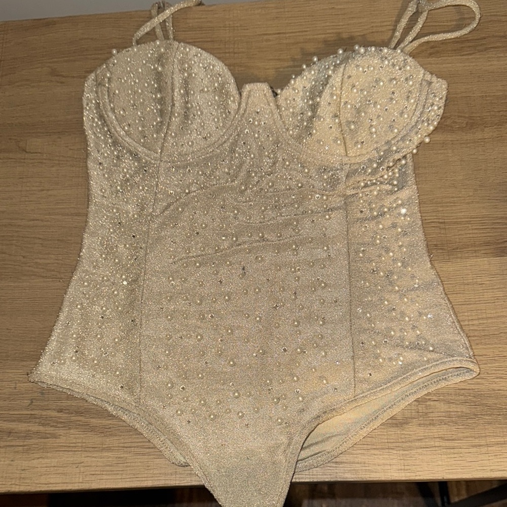 Fashion Nova Cream Beaded Bodysuit